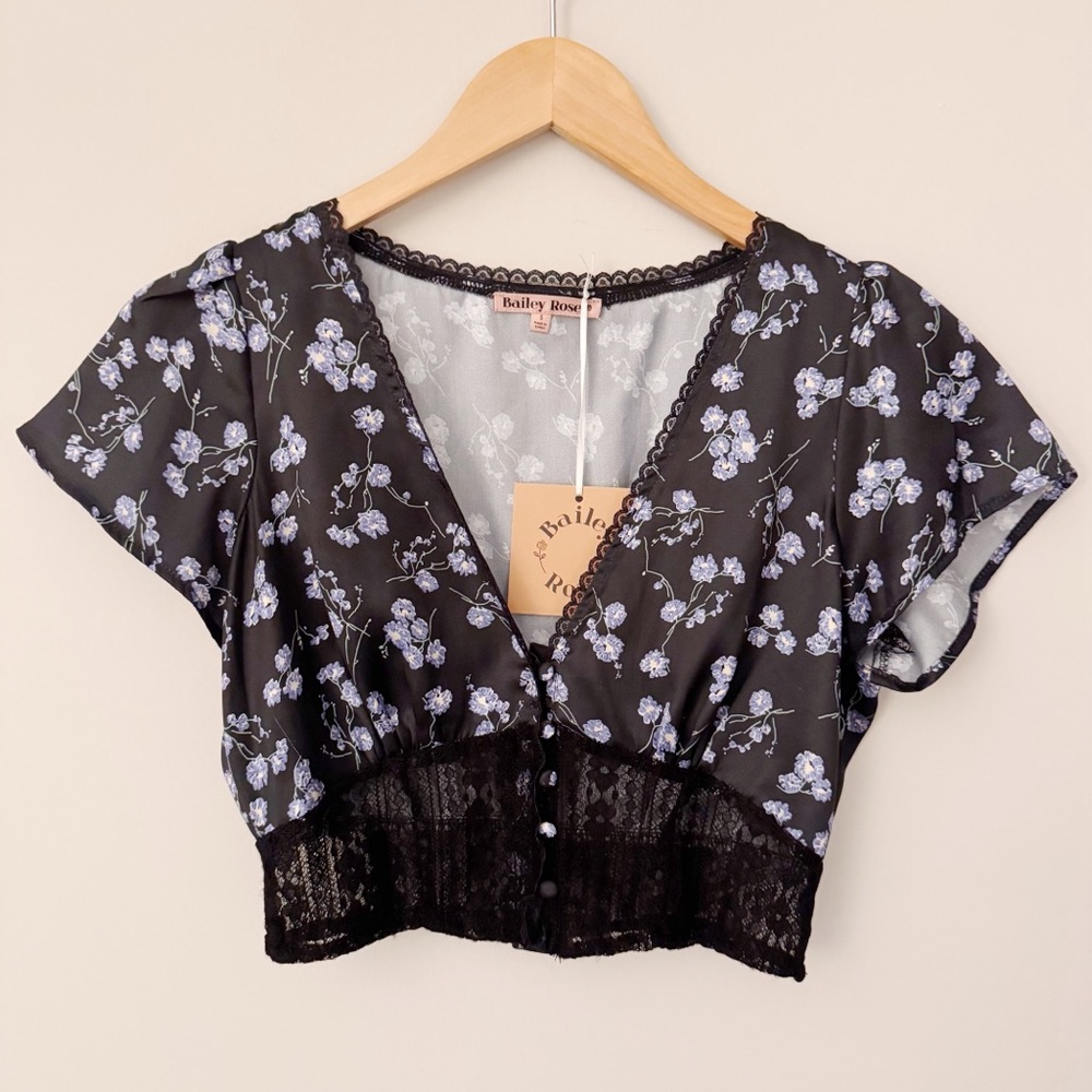 NWT Bailey Rose Allie Satin Floral Top Black Size S